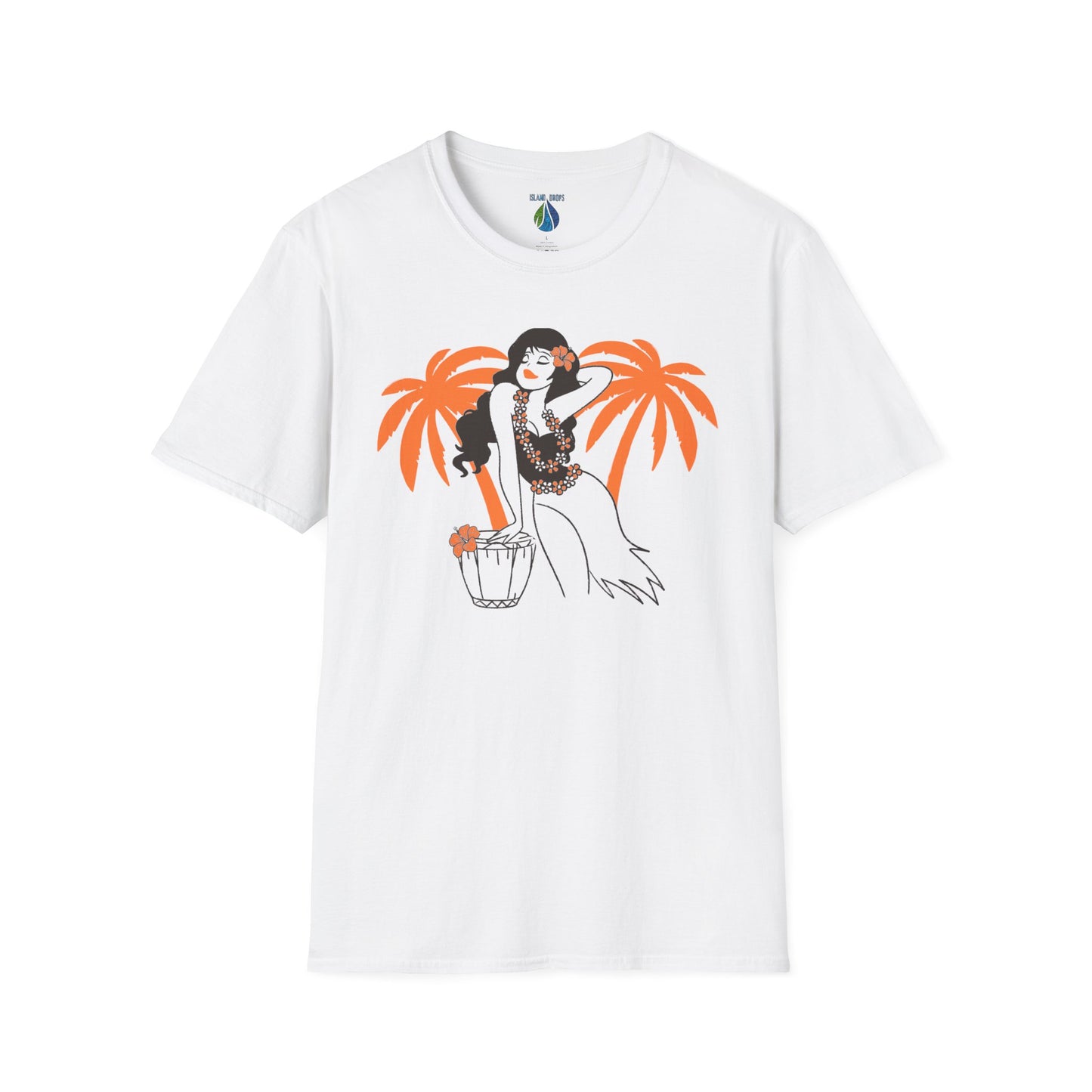 White t-shirt with female hula dancer and palm trees graphic design - Island Drops t-shirt collection | Unisex t-shirts