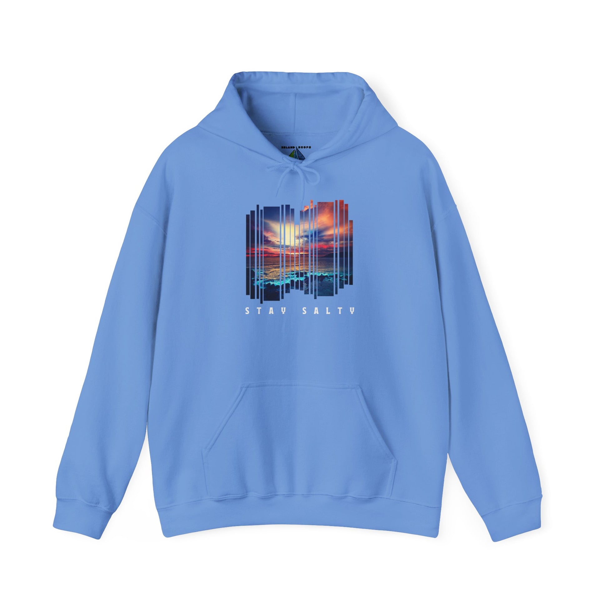 Blue hoodie with a stylized beach sunset graphic and 'STAY SALTY' text - Island Drops hoodie collection | Unisex pullover