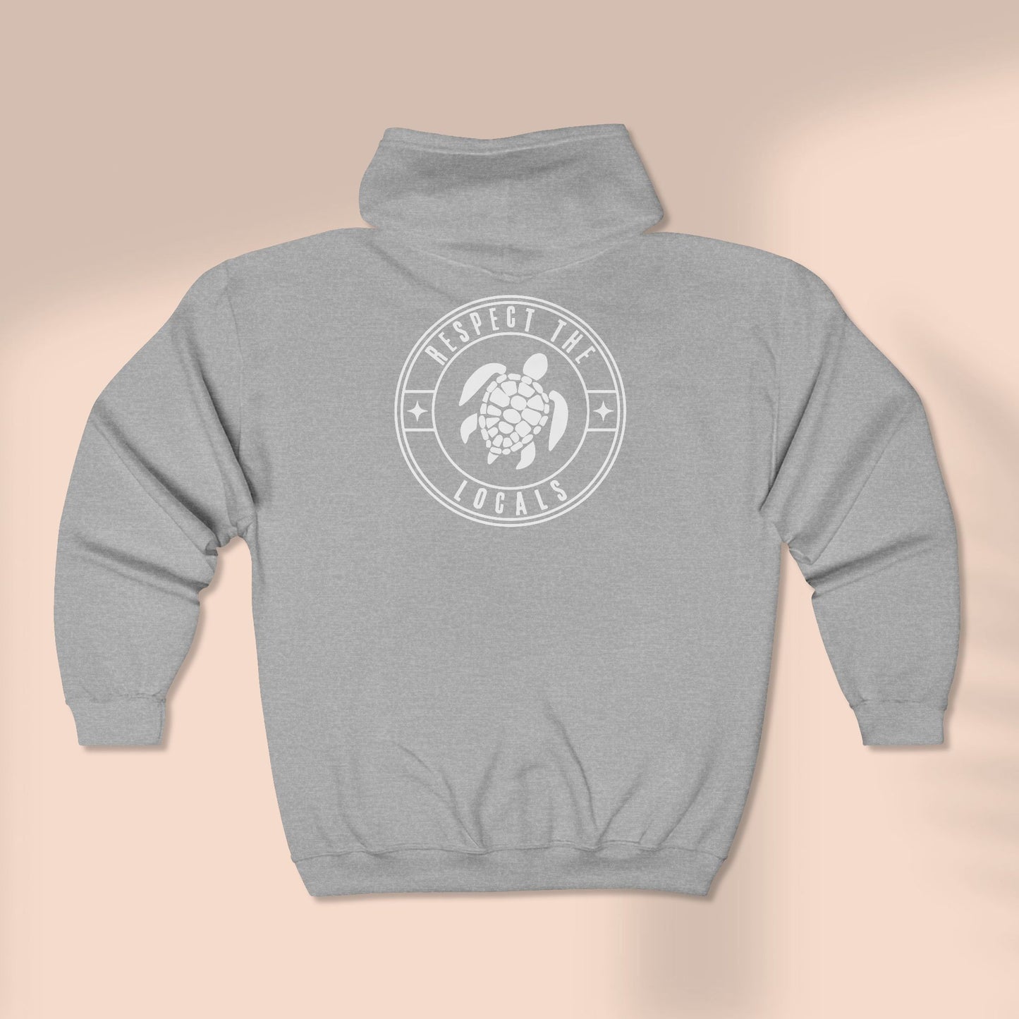 Back of full zip hoodie with a stylized watercolor turtle graphic design with 'RESPECT THE LOCALS' text - Island Drops hoodie collection | Unisex zipper hoodie