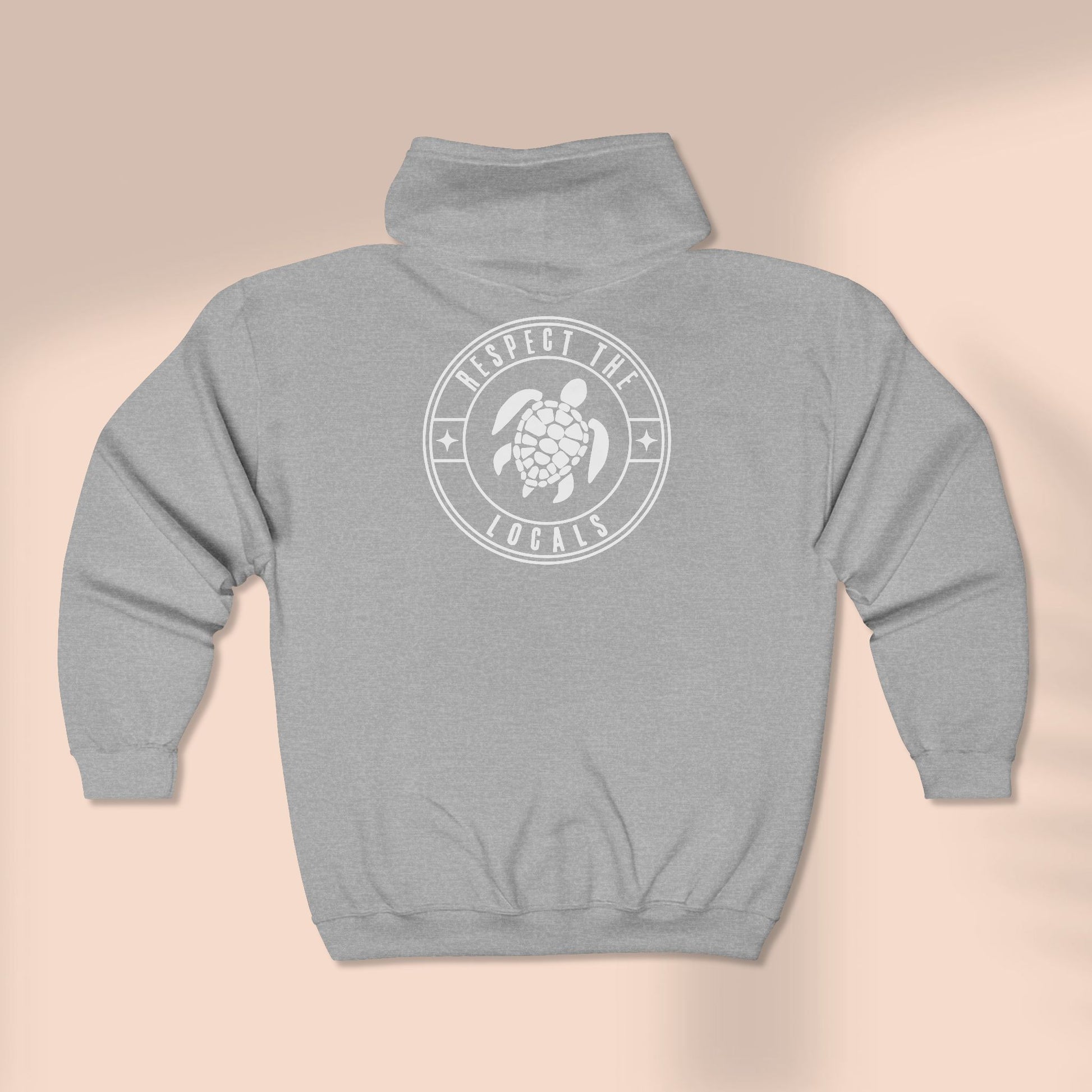 Back of full zip hoodie with a stylized watercolor turtle graphic design with 'RESPECT THE LOCALS' text - Island Drops hoodie collection | Unisex zipper hoodie