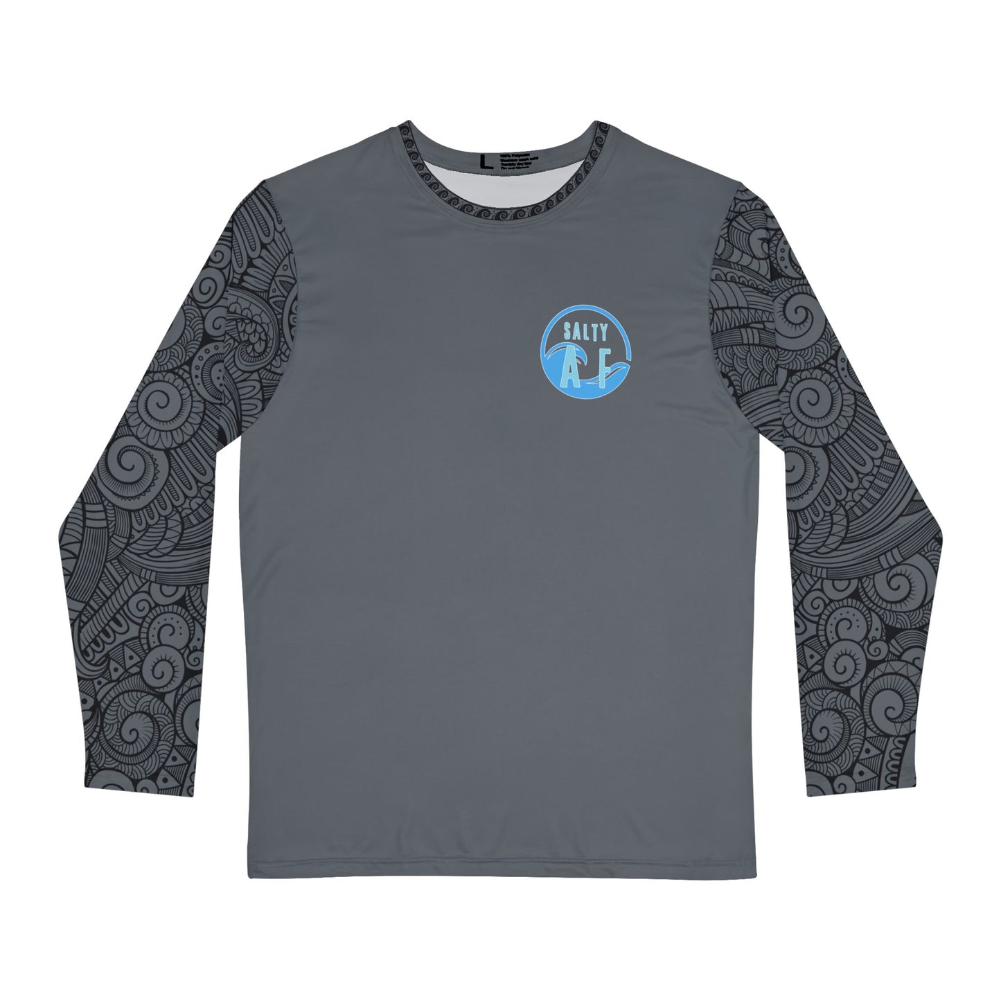 Gray long-sleeve shirt with 'SALTY AF' text and tribal tattoo sleeve pattern - Island Drops long sleeve collection | Unisex shirts