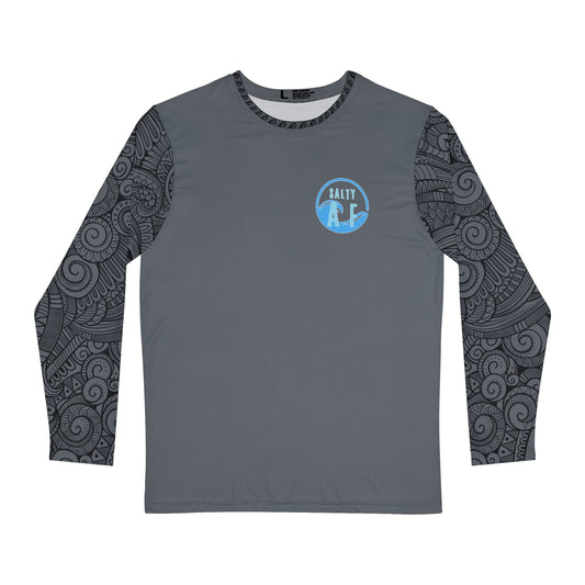 Gray long-sleeve shirt with 'SALTY AF' text and tribal tattoo sleeve pattern - Island Drops long sleeve collection | Unisex shirts