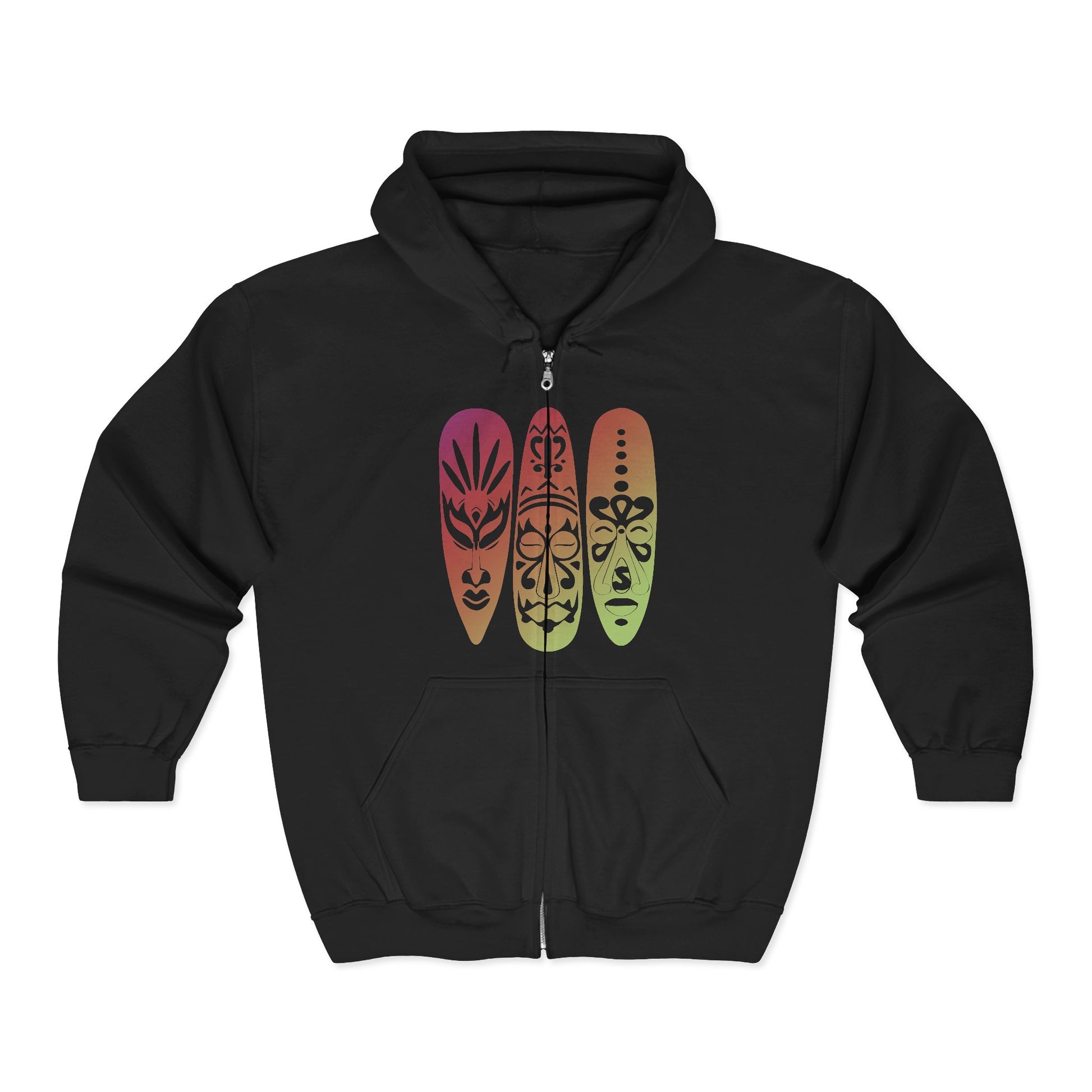 Black full zip hoodie with tribal mask graphic design - Island Drops hoodie collection | Unisex zipper hoodie