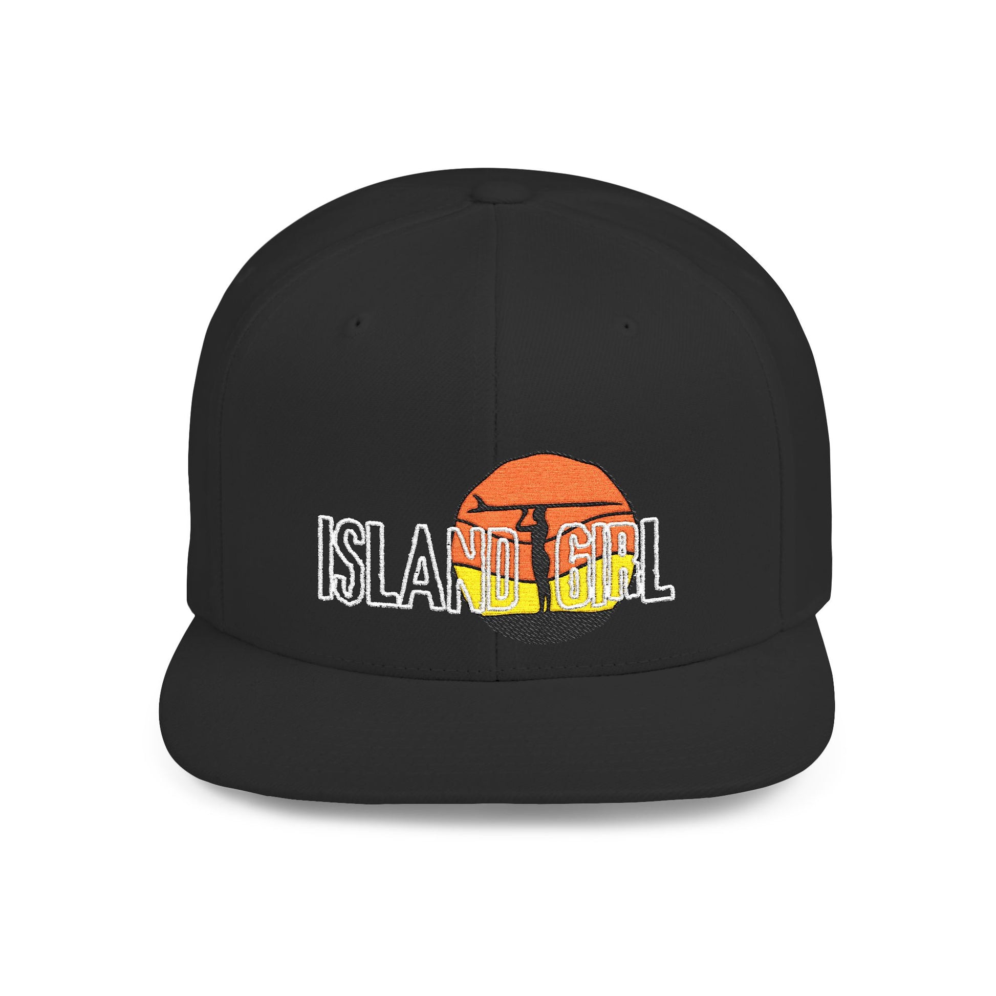 Black cap with 'ISLAND GIRL' text and a surfer girl and sunset graphic design - Island Drops hat collection | Unisex snapback cap