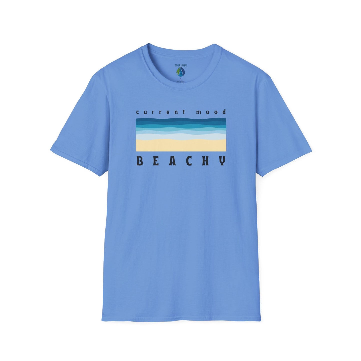 Blue t-shirt with 'Current Mood Beachy' design with a stylized beach and ocean graphic design - Island Drops t-shirt collection | Unisex t-shirts