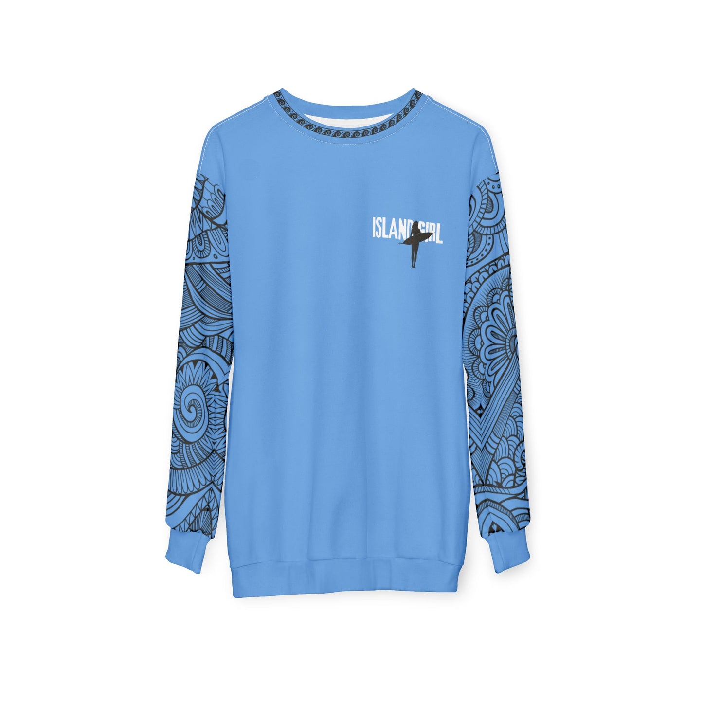 Blue sweatshirt with 'ISLAND GIRL' text behind a graphic surfer girl and tribal tattoo sleeve pattern - Island Drops long sleeve collection | Unisex sweatshirt