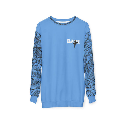 Blue sweatshirt with 'ISLAND GIRL' text behind a graphic surfer girl and tribal tattoo sleeve pattern - Island Drops long sleeve collection | Unisex sweatshirt