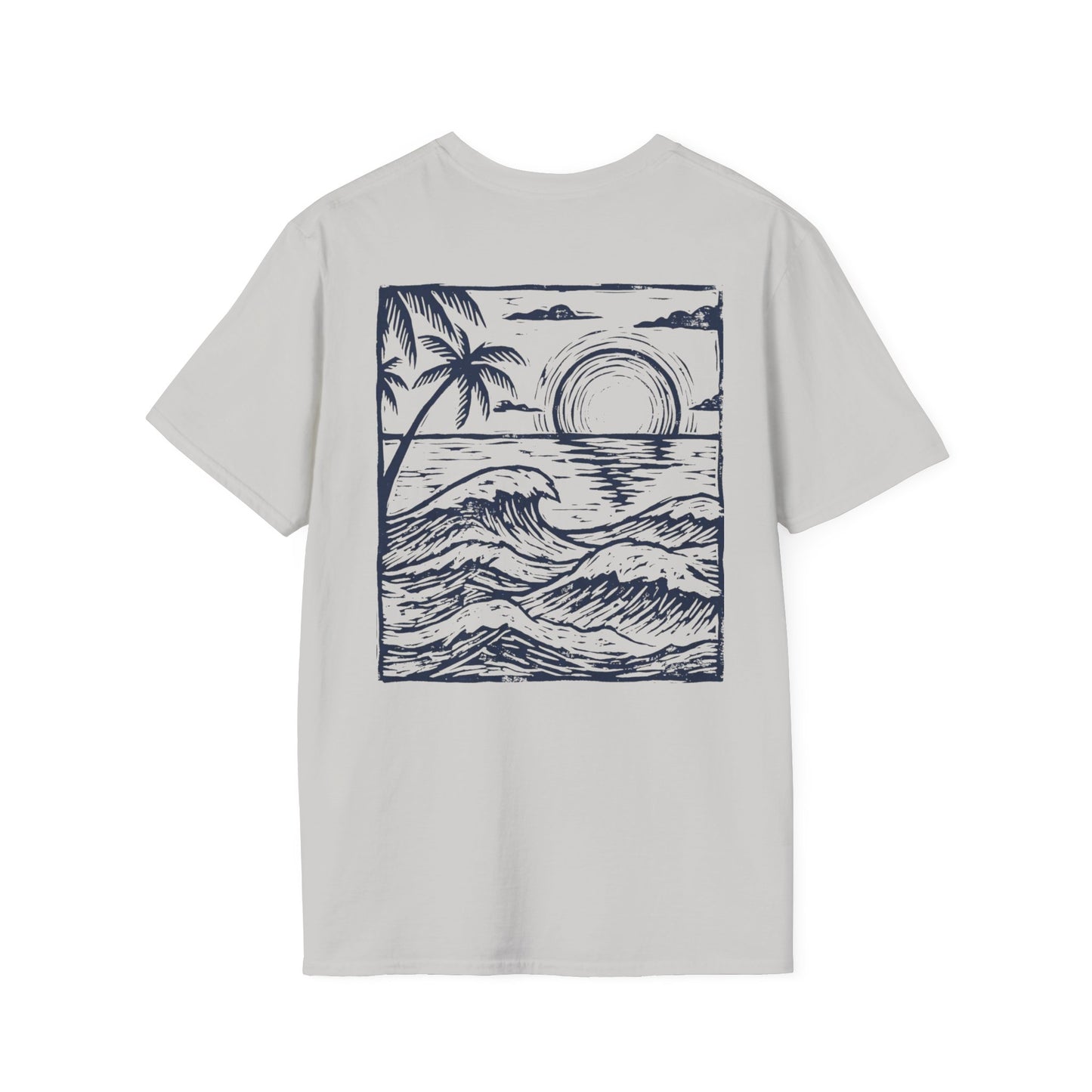 Sunset Sketch Tee back print in Ice Gray color — linocut sunset design streetwear shirt