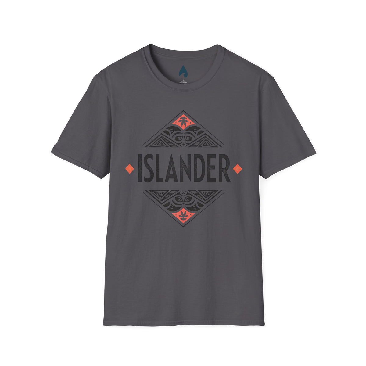 Charcoal ISLANDER Softstyle T-shirt with black and coral diamond tribal graphic