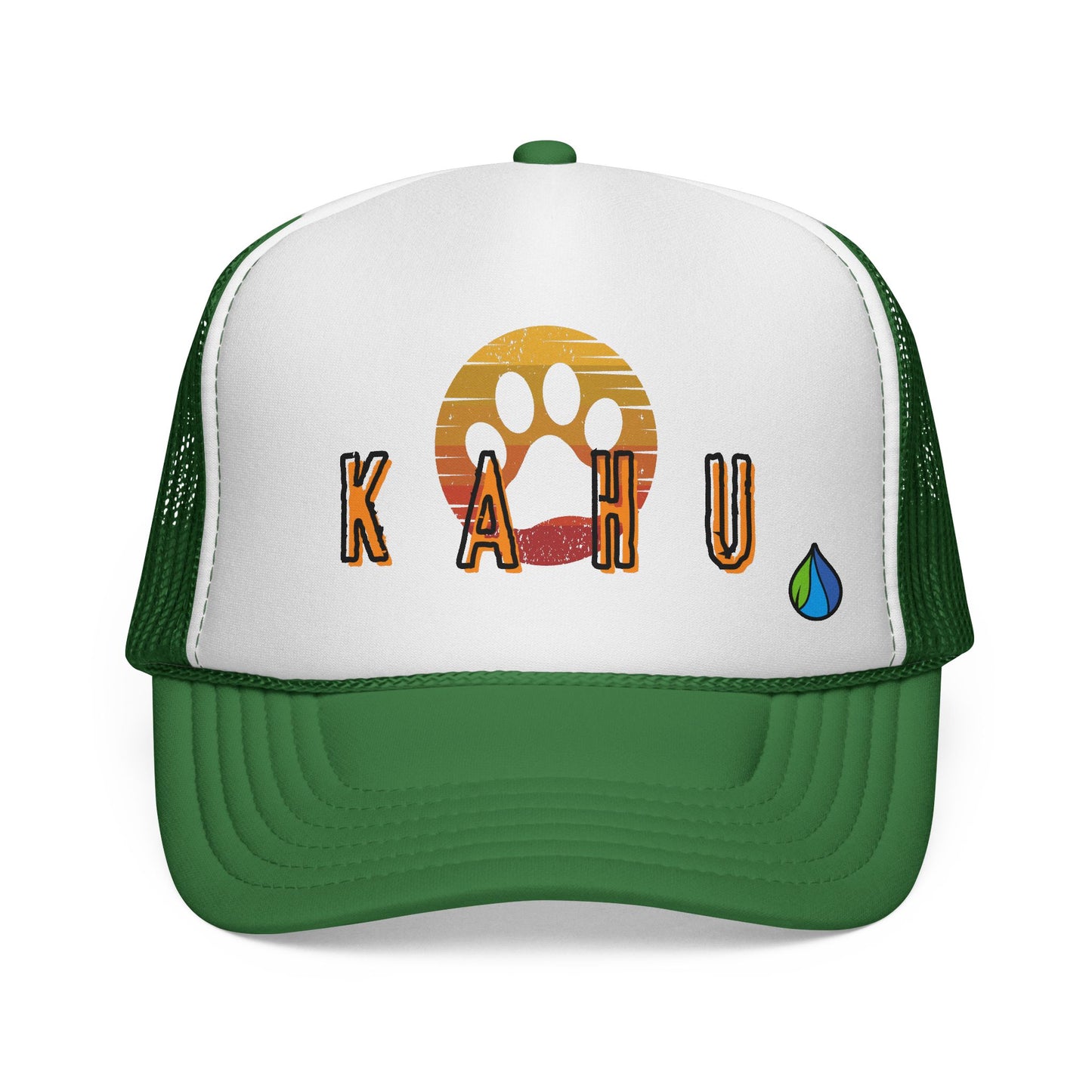 Green and white cap with 'KAHU' branding with sunset paw print graphic design - Island Drops hat collection | Unisex trucker hat, trucker cap