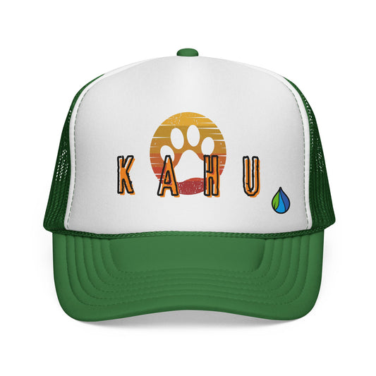 Green and white cap with 'KAHU' branding with sunset paw print graphic design - Island Drops hat collection | Unisex trucker hat, trucker cap