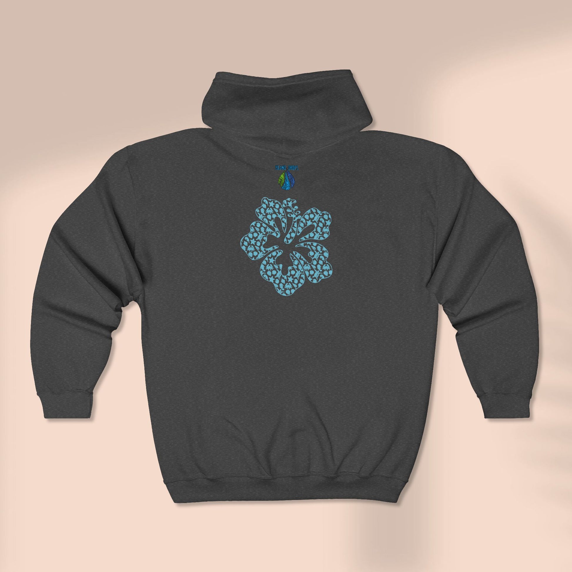 Back of full zip hoodie with a stylized hibiscus graphic design - Island Drops hoodie collection | Unisex zipper hoodie