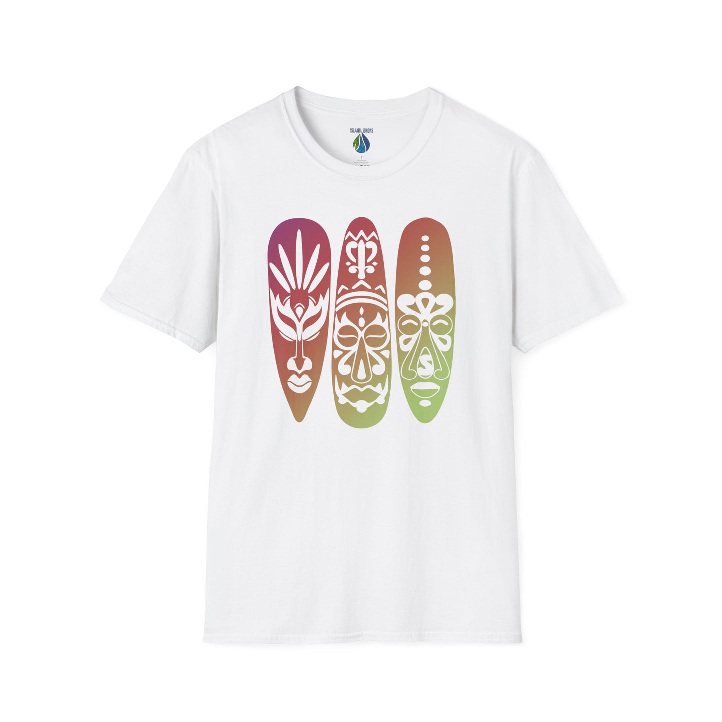 White t-shirt  with colorful gradient island masks graphic design - Island Drops t-shirt collection | Unisex t-shirts