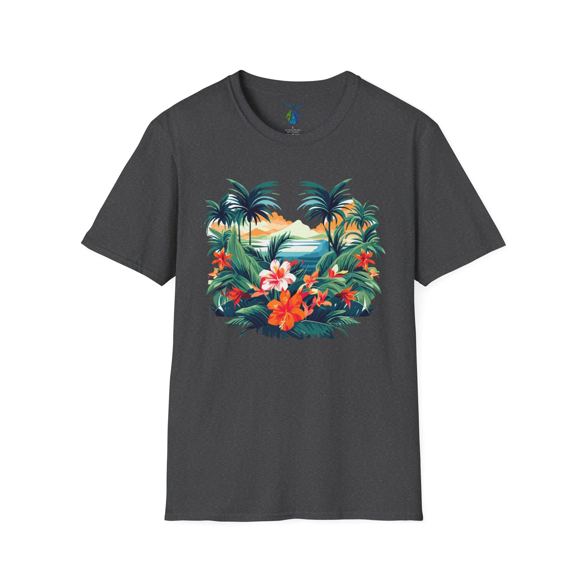 Gray t-shirt with floral beach graphic design - Island Drops t-shirt collection | Unisex t-shirt