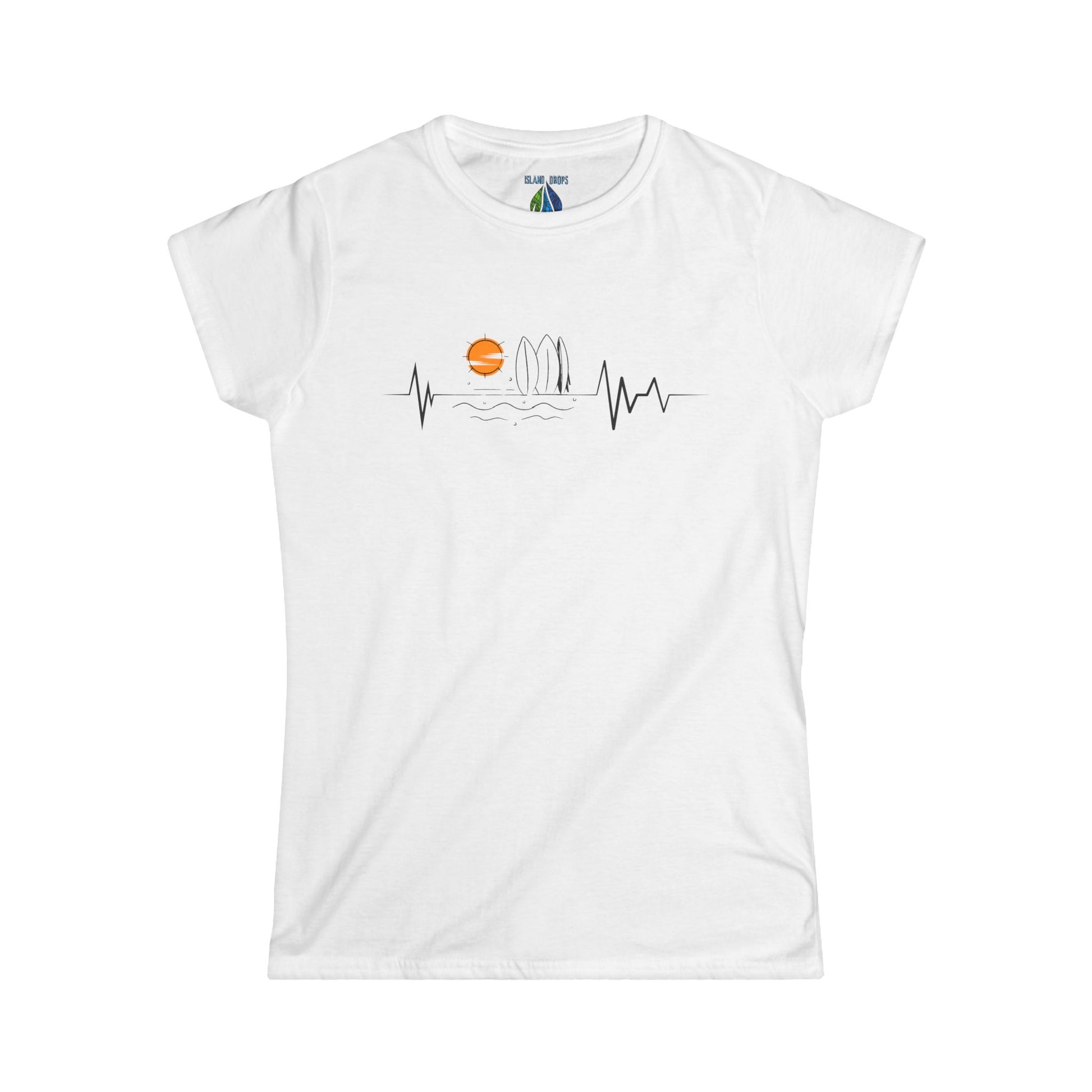 White women's cut t-shirt with sunset heartbeat graphic design - Island Drops Women's collection | Women's cut t-shirt