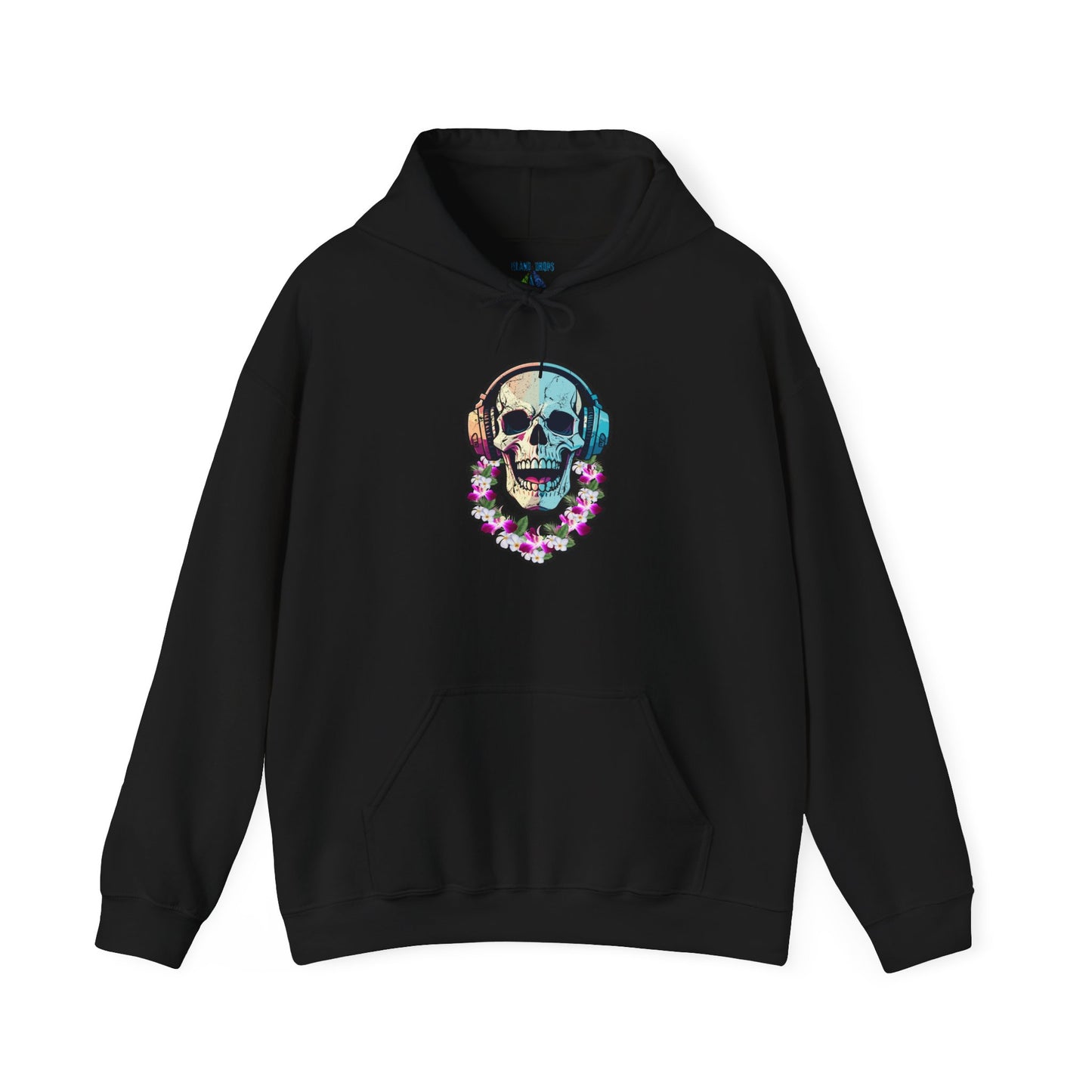 Black hoodie with a colorful skull DJ with headphones and wearing a lei graphic design  - Island Drops hoodie collection | Unisex pullover