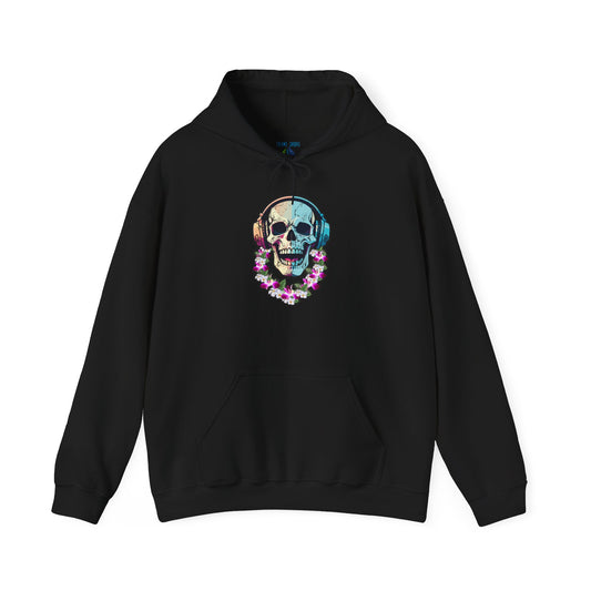 Black hoodie with a colorful skull DJ with headphones and wearing a lei graphic design  - Island Drops hoodie collection | Unisex pullover