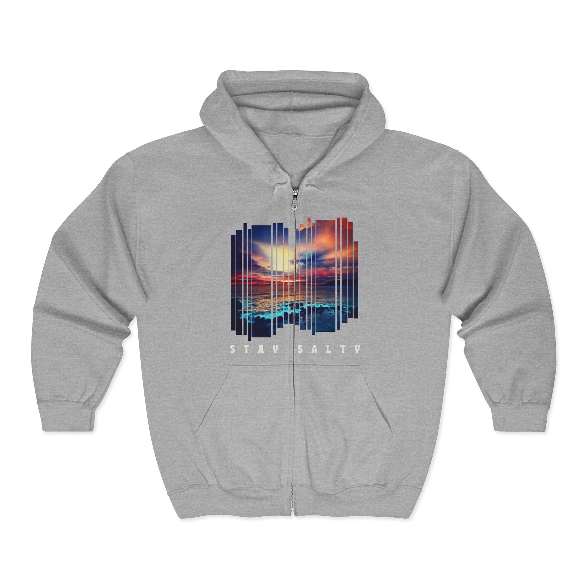 Gray full zip hoodie with a stylized sunset design and 'STAY SALTY' text - Island Drops hoodie collection | Unisex zipper hoodie