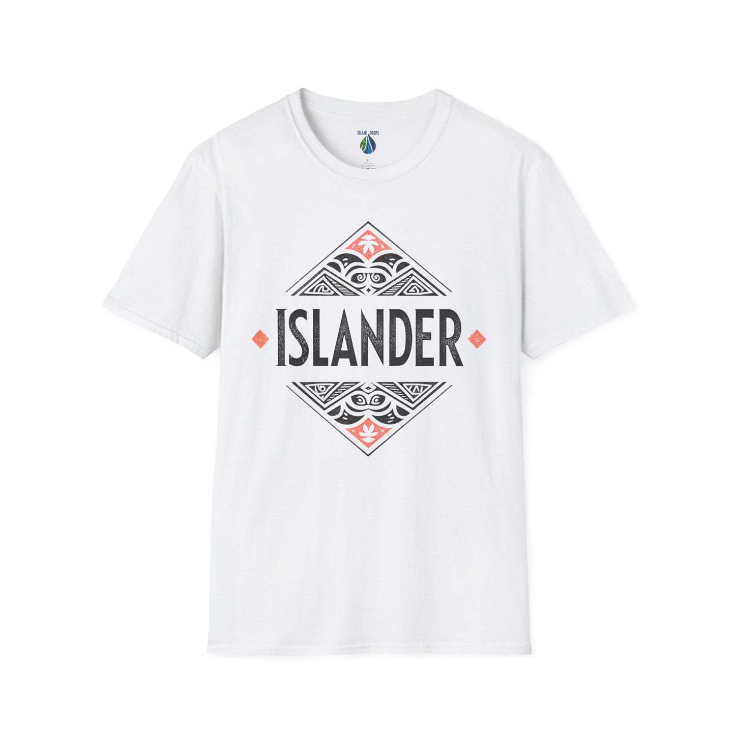White  t-shirt with 'ISLANDER' tribal graphic design - Island Drops T-shirt collection | Unisex t-shirt