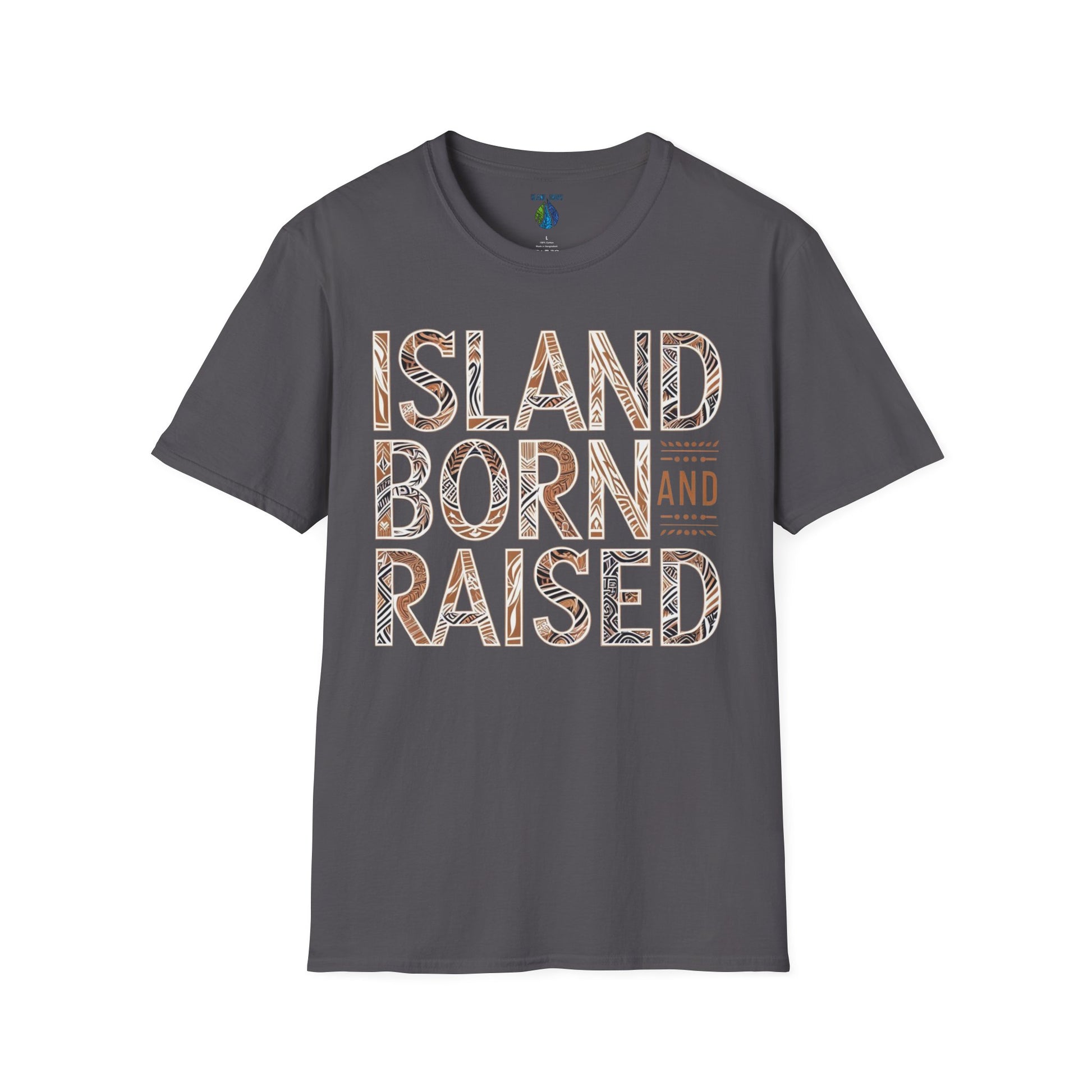 Gray t-shirt with graphic 'Island Born and Raised' text  - Island Drops t-shirt collection | Unisex t-shirt