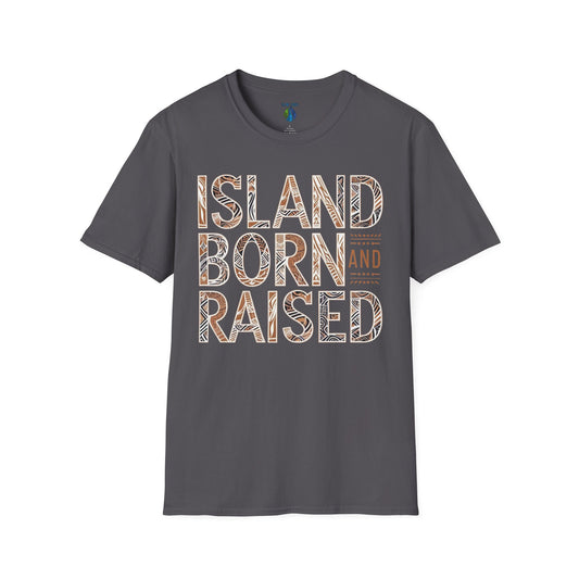 Gray t-shirt with graphic 'Island Born and Raised' text  - Island Drops t-shirt collection | Unisex t-shirt