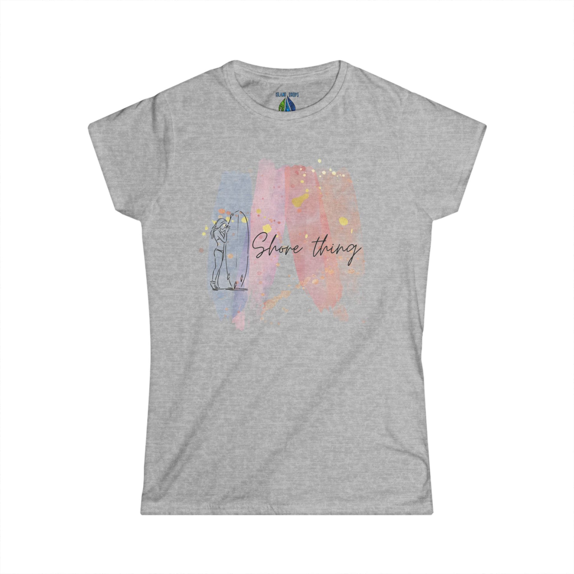 Gray women's cut t-shirt with 'Shore Thing' graphic design, surfboard and watercolor - Island Drops Women's collection | Women's cut t-shirt