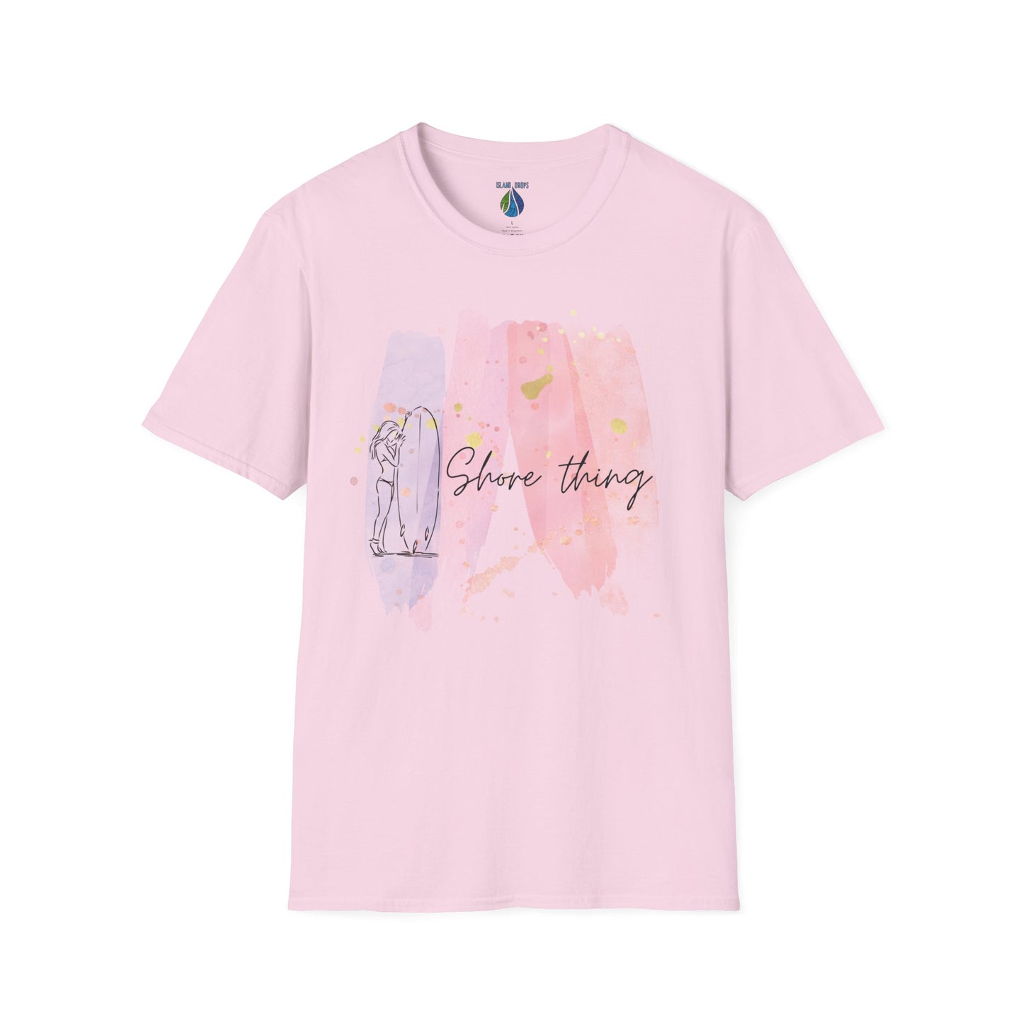 Pink t-shirt  with 'Shore Thing' text and watercolor and surfer girl graphic design - Island Drops t-shirt collection | Unisex t-shirts