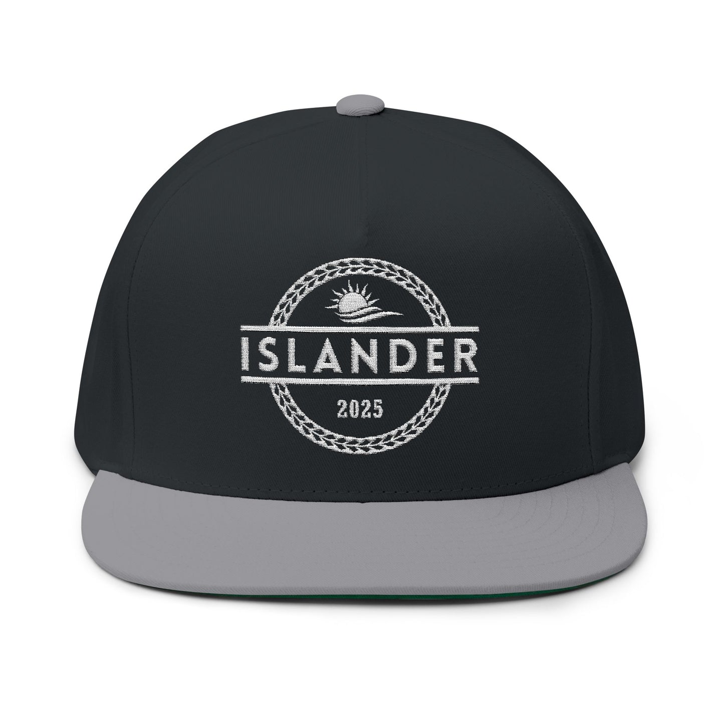 Black and gray cap with 'ISLANDER' text and sunset graphic design - Island Drops hat collection | Unisex snapback caps