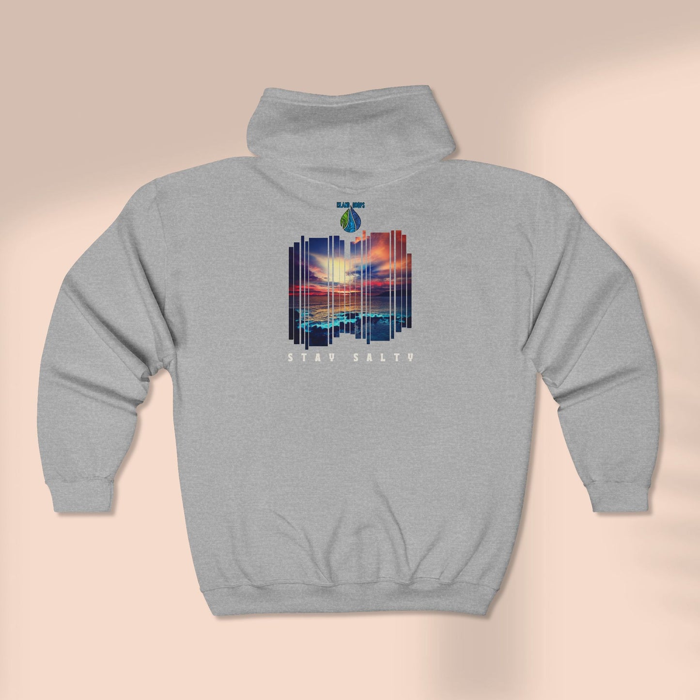 Back of full zip hoodie with a stylized sunset design and 'STAY SALTY' text - Island Drops hoodie collection | Unisex zipper hoodie
