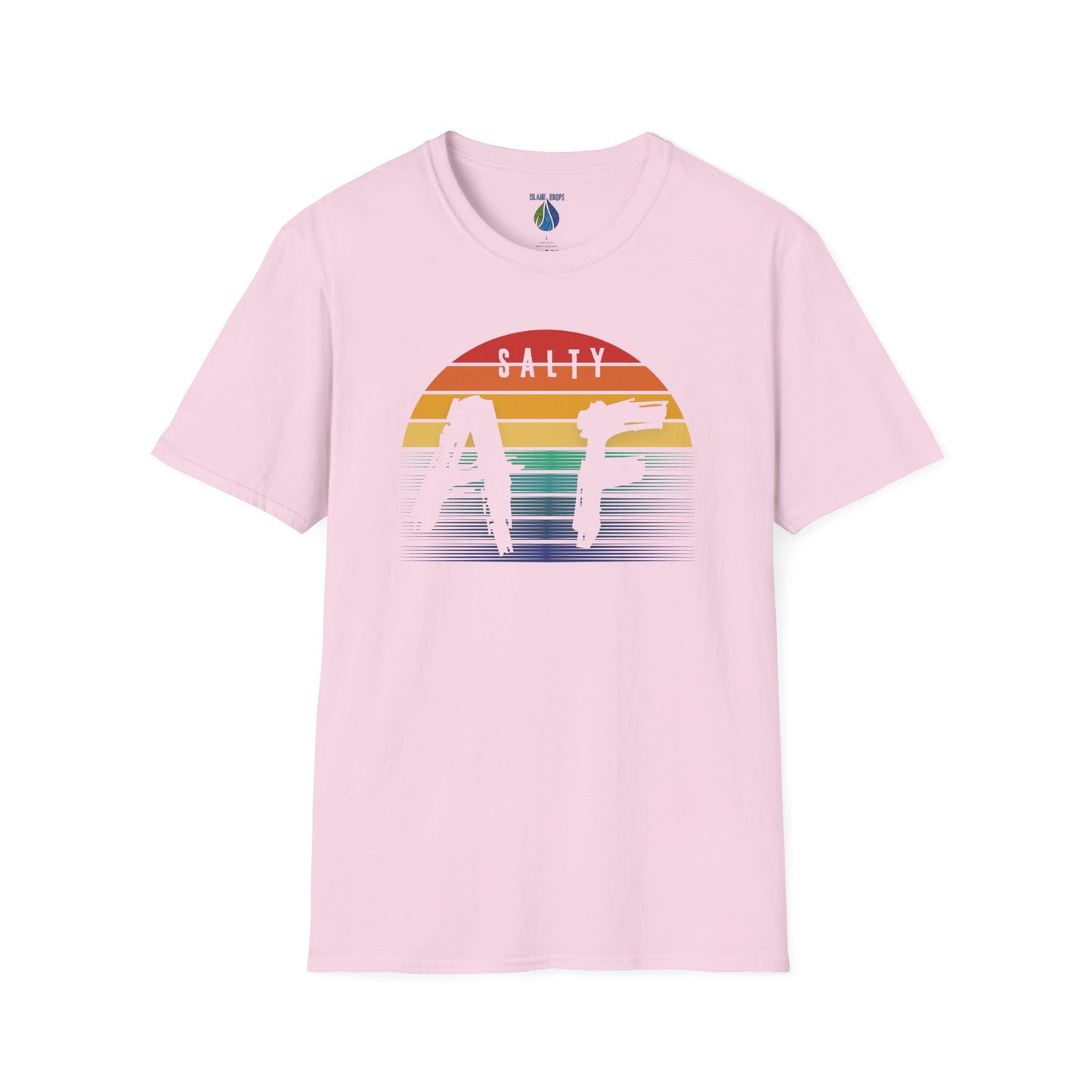 Pink t-shirt with 'SALTY AF', graphic design and rainbow sunset  - Island Drops t-shirt collection | Unisex t-shirts